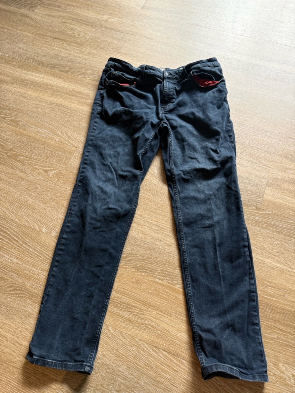 DKNY Men's Slim Straight Black Jeans with Red Pocket Lining